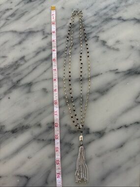 Stella & Dot Silver and Brown Beaded Tassel Necklace